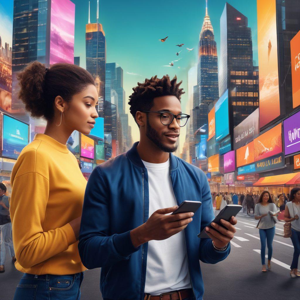 A vibrant digital collage showcasing diverse online content platforms, with engaging headlines, multimedia clips, and social media interactions. Include a crowd of varied individuals interacting animatedly with their devices, reflecting a mix of emotions. In the background, a city skyline represents the lifestyle aspect. The colors should be bright and attention-grabbing, symbolizing energy and engagement. super-realistic. vibrant colors. 3D.