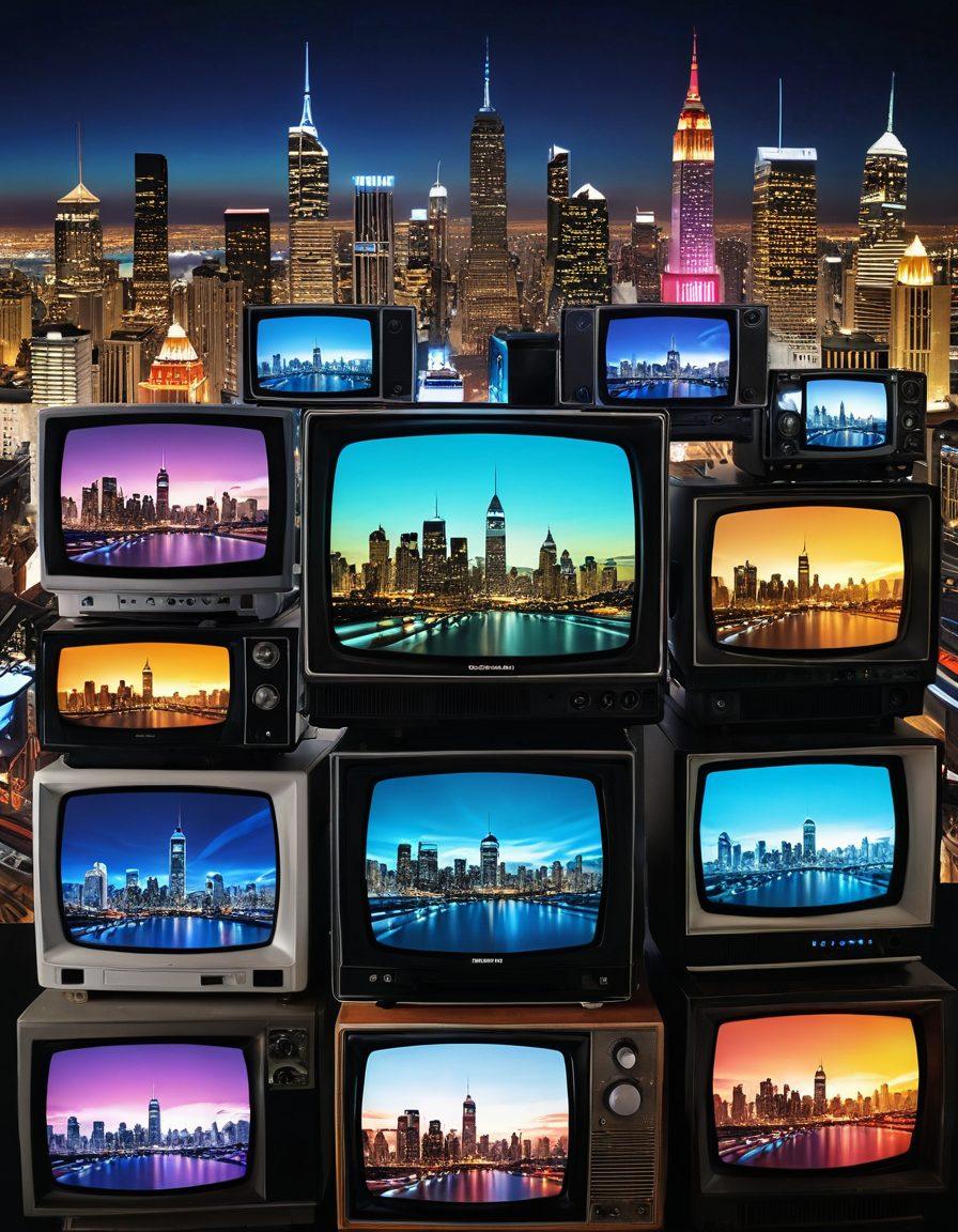 A dynamic collage showcasing various entertainment platforms evolving over time. Include iconic screens, traditional televisions, vintage movie projectors, modern streaming devices, and mobile phones, all interconnected with flowing digital streams symbolizing evolution. Use vibrant colors to signify the progression of technology and creativity. Present a futuristic city skyline in the background, representing the ever-changing landscape of entertainment. digital art. vibrant colors. futuristic style.