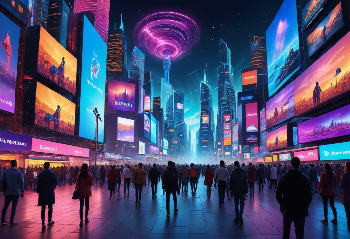 A futuristic city skyline illuminated with vibrant digital billboards showcasing various forms of entertainment like virtual reality, streaming, and gaming. People of diverse backgrounds engaging with holographic devices and immersive media experiences in the foreground. The sky has a blend of colorful digital patterns suggesting connectivity and innovation. The atmosphere should feel lively and dynamic, depicting the blend of technology and entertainment. super-realistic. vibrant colors. 3D.